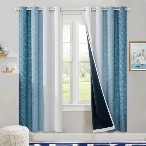 Miniatura 26 de Cortinas Ombre 100% Opacas de 63 Pulgadas de Largo 2 Paneles para Dormitorio Azul Blanco Patrón Degradado Oscurecimiento de Habitación Aislamiento