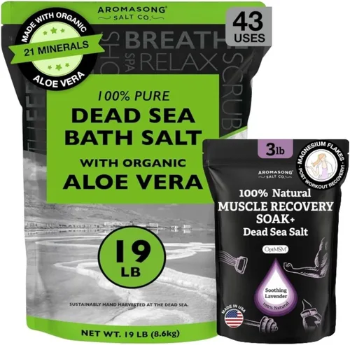 Aromasong Sal orgánica del mar muerto de aloe vera de 19 libras + baño de recuperación muscular paquete de 3 libras – Hidratación calmante de la