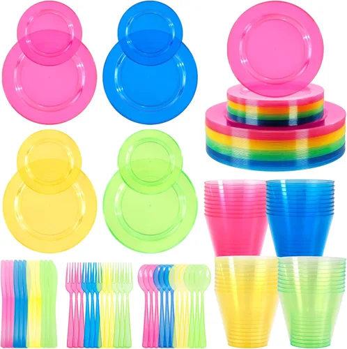 Supernal Juego de vajilla de plástico de 216 piezas incluye platos desechables arcoíris para fiesta resistentes, vasos desechables coloridos, 216