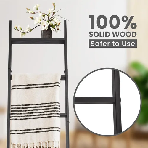 Miniatura 8 de Escalera para Mantas de 6 Niveles – Perchero de Edredones de 5.5 Pies que se Apoya en la Pared, Almacenamiento de Mantas Estilo Granja para Sala