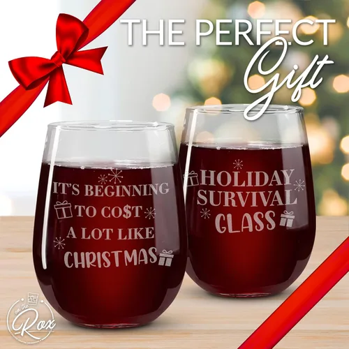 Miniatura 4 de Copas de vino de Navidad – Vaso de supervivencia navideño, está empezando a costar mucho como copas de vino sin tallo de Navidad, juego de 2 copas