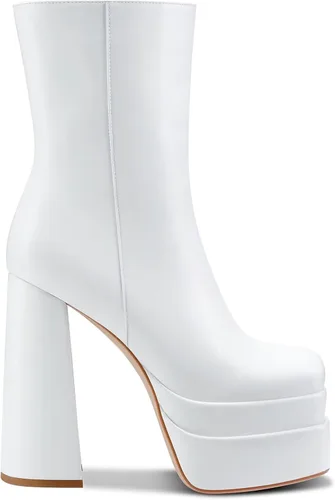 Miniatura 4 de Aachcol Botas de plataforma para mujer, puntera cuadrada, tacón alto, grueso, cremallera lateral, media pantorrilla, botines