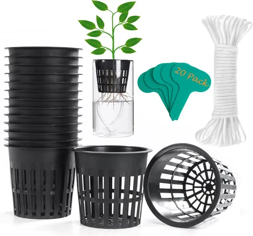 ORIMERC Macetas de red de 4 pulgadas, paquete de 20 tazas de red con cuerda de riego automático de 20 pies y etiquetas para plantas, para acuapónica