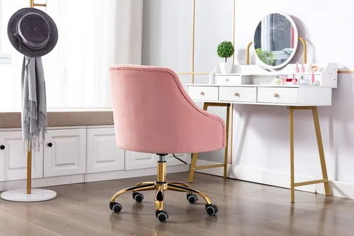 Miniatura 5 de Cómoda silla de trabajo para la oficina en casa con ruedas, bonita y moderna tapizada de terciopelo con respaldo de concha, silla de escritorio Rosa
