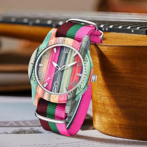 Miniatura 2 de Relojes de madera para hombre, hechos a mano, coloridos, de madera de bambú, analógico, de cuarzo, para hombre, reloj de madera