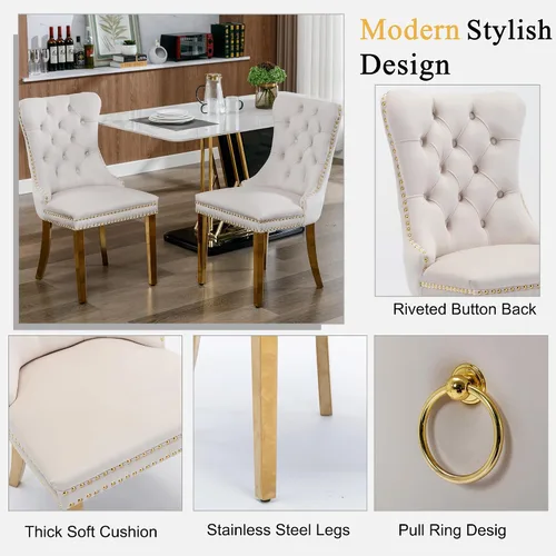 Miniatura 7 de Juego de mesa de comedor de mármol para 4, mesa de cocina rectangular de mármol blanco de 70 pulgadas con base en O de acero inoxidable dorado