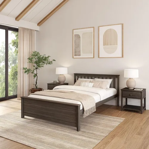 Miniatura 27 de Plank+Beam Estructura de cama individual de madera maciza, cama plataforma con cabecero, color nogal
