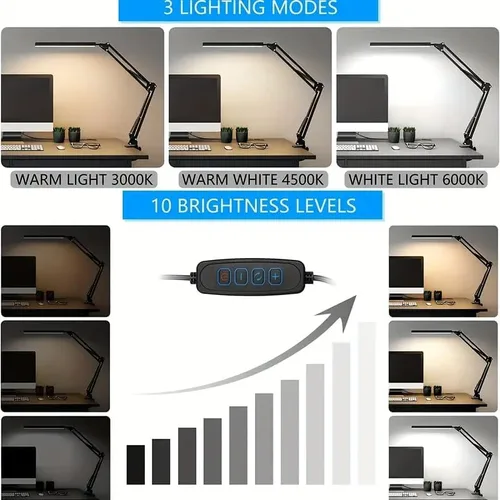 Miniatura 4 de Lámpara de escritorio LED con 3 modos de cuidado de los ojos, 10 brillo; lámpara flexible larga y ajustable con brazo oscilante para trabajadores