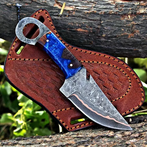 Miniatura 12 de TAC Knives - Cuchillo de supervivencia Bushcraft 12T27 de acero de Damasco con hoja fija para exteriores - Mango de madera Pakka - Funda de cuero