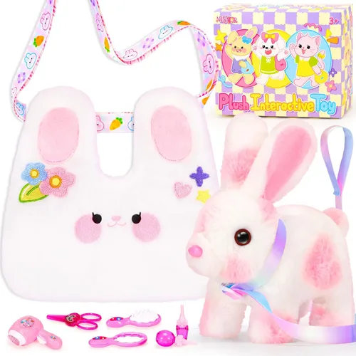 NINAOR Juguetes de conejo de Pascua para niños con bolsas cruzadas, rellenos de cesta de Pascua, orejas interactivas, juguete de conejo, robot de