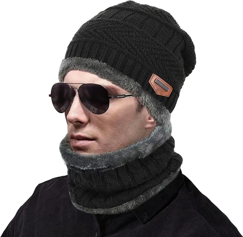 MUCO Conjunto de gorros de invierno para hombre y mujer, gorro de punto cálido, forro polar grueso, calentador de cuello para hombres y mujeres, Muco