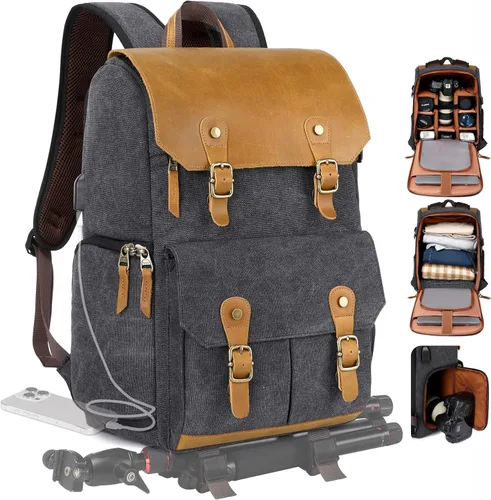 Padwa Lifestyle Mochila para cámara profesional color negro y gris – Retro Crazy Horse Art Bolsa grande para cámara con múltiples cámaras y