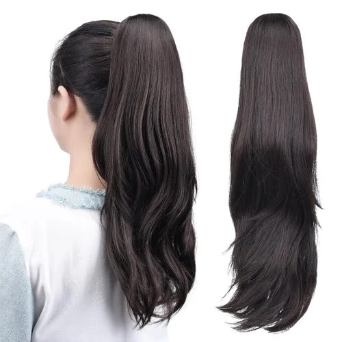 Miniatura 46 de Extensiones de cola de caballo, extensiones de cabello rizado con clip de garra de color marrón oscuro para mujer, peluca sintética de cola
