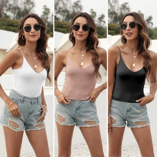 Miniatura 5 de Amilia - Camiseta sin mangas básica para mujer, cuello en V profundo, de doble capa, estilo casual