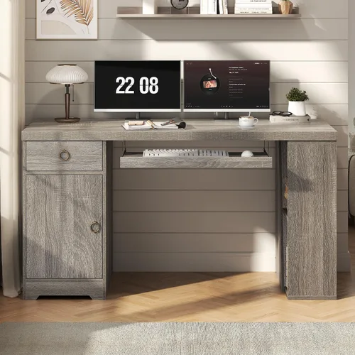 Miniatura 8 de HSH Escritorio para computadora de oficina de 55 pulgadas con cajones, escritorio ejecutivo gris rústico con estantes de almacenamiento y gabinete