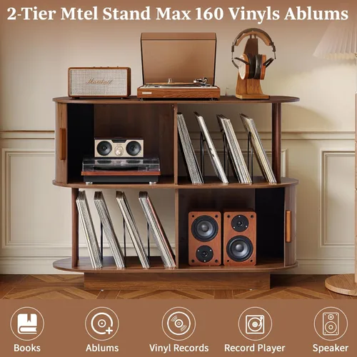 Miniatura 6 de Armario de almacenamiento para tocadiscos de vinilo de 40 pulgadas, mesa giratoria moderna de mediados de siglo con puerta corredera, estante