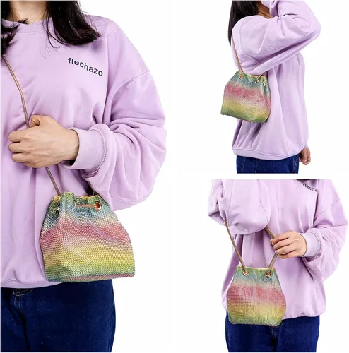 Miniatura 3 de Ayliss Bolso de cubo completo con diamantes de imitación para mujer, minihombro cruzado pequeño, bolso de mano brillante de noche
