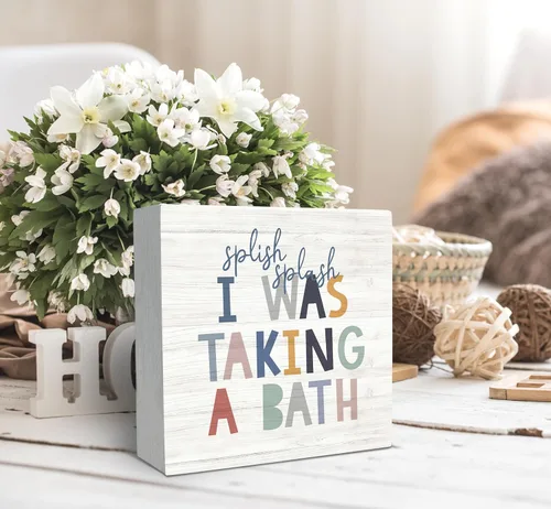 Miniatura 2 de SRADMO Caja de madera con texto en inglés "Splish Splash I Was Taking a Bath" para decoración de escritorio, divertida caja de bloques de madera