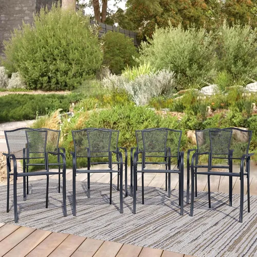 Miniatura 19 de Juego de 2 sillas de comedor para patio, sillas de comedor apilables negras para exteriores, juego de muebles de patio de metal para jardín, patio