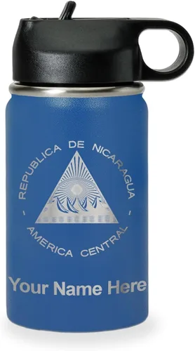 Miniatura 63 de LaserGram Botella de agua personalizada, bandera de Nicaragua, acero inoxidable de doble pared aislada al vacío con popote superior, regalo grabado
