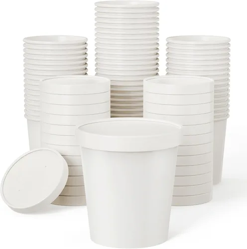 JOLLY PARTY Paquete de 50 recipientes de papel de 16 onzas con tapas, vasos de papel desechables para alimentos, tazas de helado, almacenamiento de
