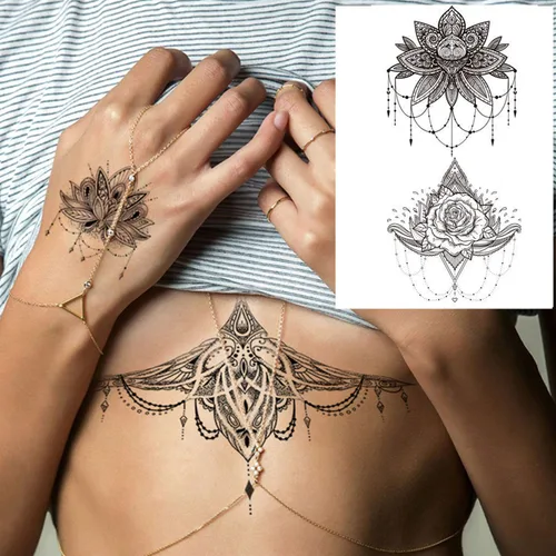 Miniatura 3 de Tatuajes de henna -20 hojas de tatuajes temporales de flores Diseño de encaje de flor de henna pegatinas de tatuaje impermeables para mujeres, Negro