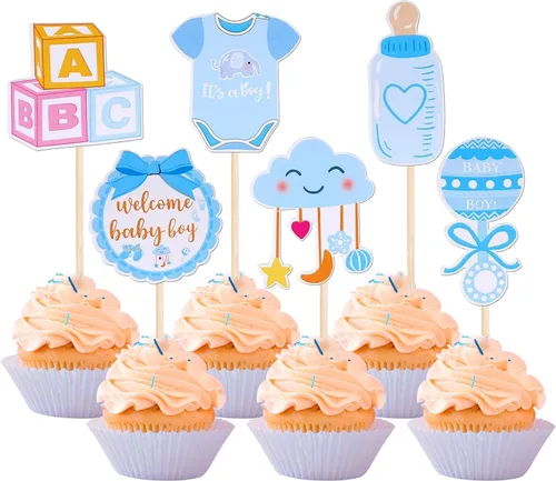 Miniatura 11 de Paquete de 24 adornos para cupcakes para niños o niñas, con purpurina rosa y azul, palillos para cupcakes de baby shower, corbatín, mameluco, mono