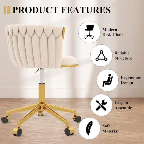 Miniatura 9 de Silla de escritorio de terciopelo, moderna silla de oficina con ruedas, sillón giratorio de tocador para el hogar con respaldo tejido, asiento
