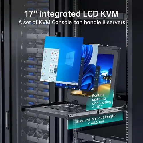 Miniatura 9 de MT-Viki Conmutador KVM de montaje en rack de 17" VGA 8 puertos, monitor de montaje en rack KVM Fit 1U 19'' Rack, 23.622-31.496 in (23.6~31.8'')