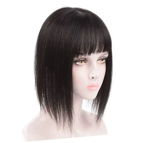 Bang Topper Human Hair Clip on Crown Volume Hairpiece for Women with Gray and Thinning Hair, 6" Dark Brown