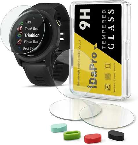 iDaPro [Paquete de 4+4] Protector de pantalla para Garmin Forerunner 745 Reloj inteligente para correr/triatlón con tapones antipolvo de silicona,