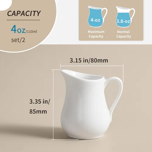 Miniatura 9 de Gurygo: paquete de 2 jarras para cremas de 4 onzas de cerámica blanca clásica con asa - pequeña jarra de leche de porcelana fina - recipiente