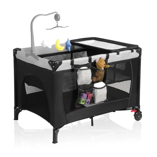 Pack and Play con Mesa Cambiadora y Bolsa de Transporte, Corralito Cuna Portátil 4 en 1 para Recién Nacidos a Niños Pequeños, Cuna de Viaje Plegable