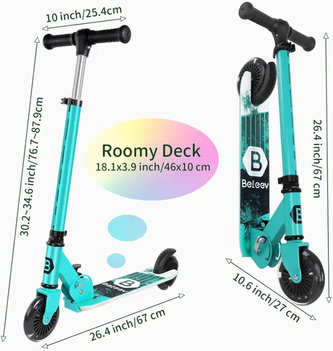 Miniatura 7 de BELEEV V2 - Scooter para niños con ruedas y tallo y plataforma iluminados, scooter plegable de 2 ruedas para niñas y niños, 3 alturas ajustables