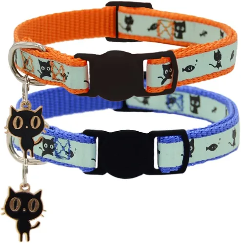 Miniatura 14 de Paquete de 2 collares para gatos que brillan en la oscuridad con campana, collares de seguridad para cachorros con colgante verde y amarillo