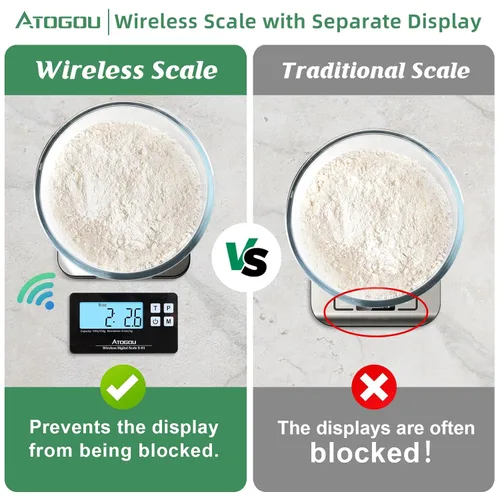 Miniatura 2 de Atogou - Báscula de cocina inalámbrica de 33 libras con pantalla remota, graduación precisa de 1 g/0.1 onza, acero inoxidable 304 de grado