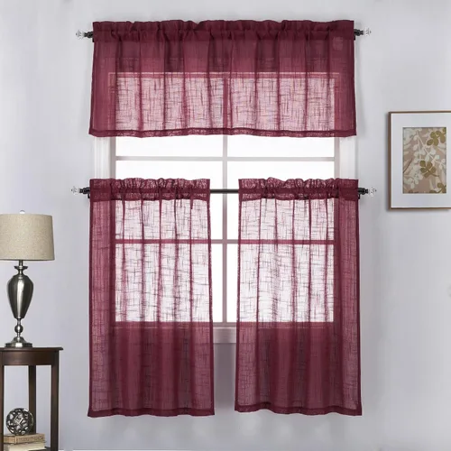 Miniatura 7 de Juego de 3 cortinas de lino con textura para ventana de cocina y cafetería, 24 pulgadas de largo, color negro