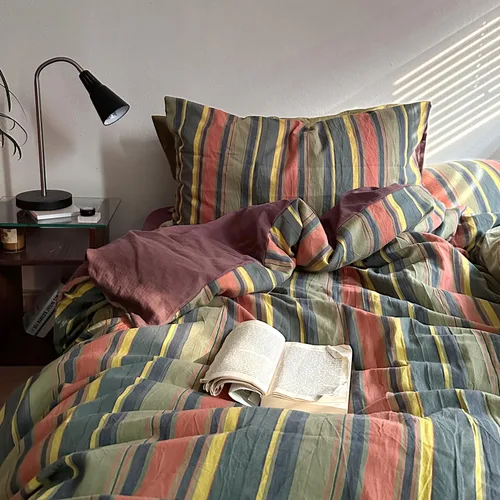 Miniatura 2 de mixinni Juego de funda de edredón vintage a rayas, tamaño twin, juego de ropa de cama de 3 piezas, 100% algodón lavado, suave y transpirable, funda