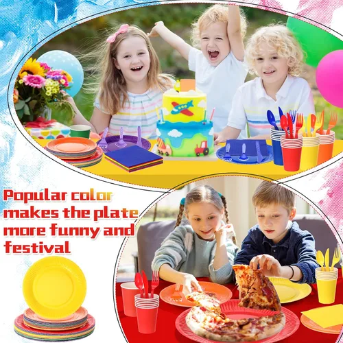 Miniatura 2 de Tegeme 258 piezas de suministros de fiesta arcoíris para 36 invitados, incluyen platos de papel coloridos, tazas, servilletas, tenedores