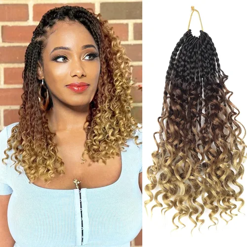 Miniatura 106 de Goddess Box Braids - Trenzas de cabello a ganchillo con extremos rizados, trenzas de caja bohemianas de 16 pulgadas, trenzas de ganchillo, 8 1B-4-30