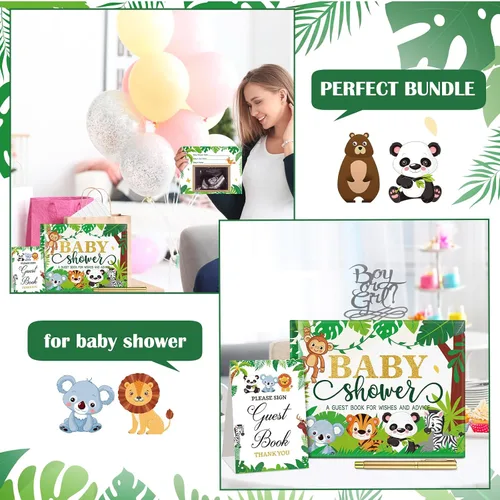 Miniatura 6 de Fuyoooo 27 piezas de libro de invitados para baby shower de safari en la jungla con tarjeta de lugar floral y sello de inicio de sesión para baby