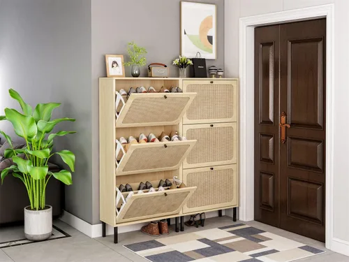 Miniatura 3 de Pvillez Cabina de zapatos de ratán natural, armario de zapatos con 3 cajones abatibles para entrada, moderno armario de almacenamiento independiente