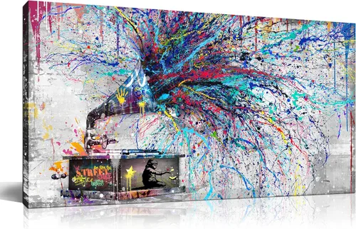 Miniatura 9 de GUGIKA Arte de pared de árbol para sala de estar, lienzo de acuarela azul para decoración de pared en el dormitorio, pintura de grafiti de Banksy