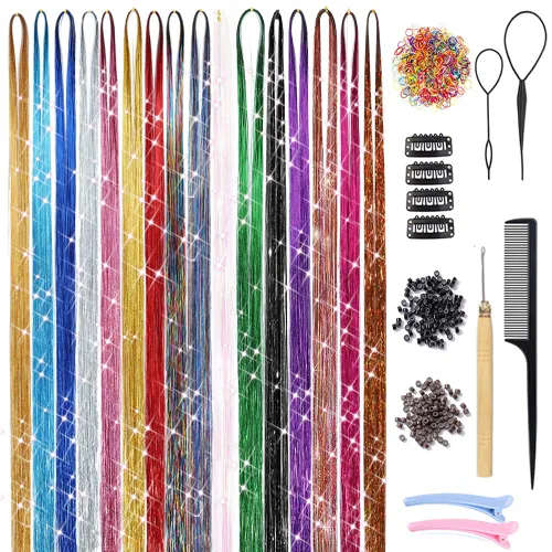 Kit de extensiones de cabello de oropel de 16 colores, 3200 hebras de oropel con purpurina, con herramientas, resistente al calor, accesorios para