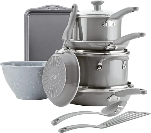 Miniatura 4 de Rachael Ray Get Cooking! Juego de ollas y sartenes antiadherentes, incluye bandeja para hornear y herramientas de cocina, 12 piezas, color gris