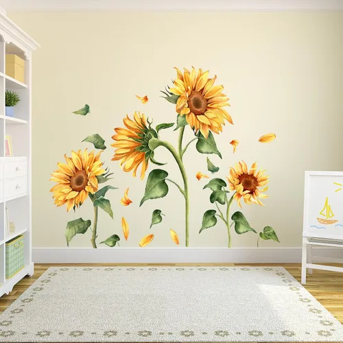 Miniatura 4 de Calcomanía de pared vintage de girasol, diseño floral de jardín, flores amarillas con hojas verdes, calcomanías de pared para despegar y pegar