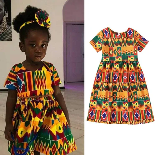 Miniatura 2 de Ropa de vestir de princesa de manga corta con estampado africano Dashiki para niñas pequeñas (multicolor, 2-3 años)