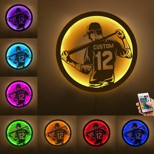 Miniatura 18 de Letrero de metal personalizado para jugador de béisbol con luz LED, nombre y número personalizado, arte de pared de béisbol, letrero de neón