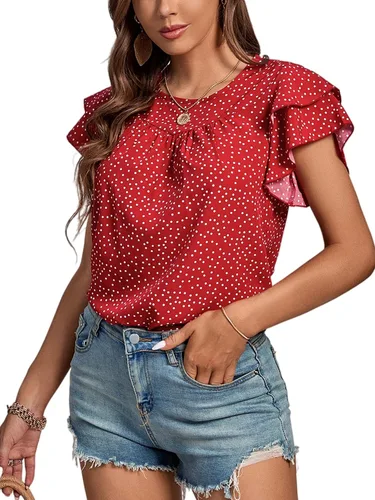 Miniatura 3 de LYANER Blusa de manga corta con cuello redondo y volantes para mujer