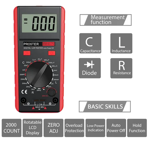 Miniatura 2 de Proster Medidor LCR - Probador de Resistencia de Inductancia y Capacitancia Multímetro con Autodescarga y Pantalla de Sobrecarga
